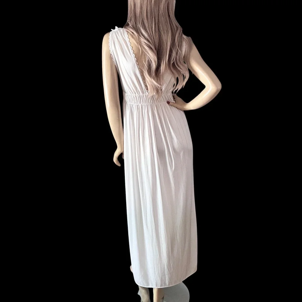 Vintage 80s White Lace Bridal Nightgown Small Deep V Sheer Bodice Maxi Gown - Picture 7 of 7